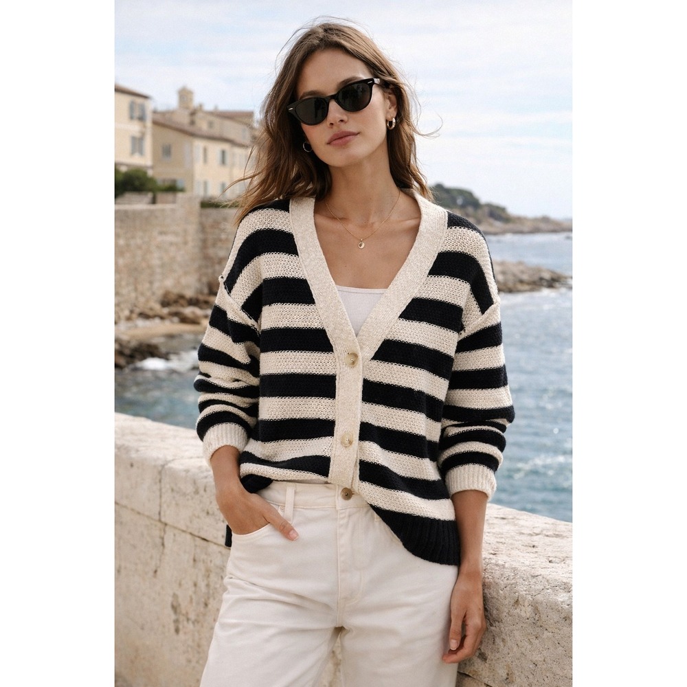 PrettyGarden Striped Cotton Cardigan M Breton Nautical Coastal‎ Grandpa Core
